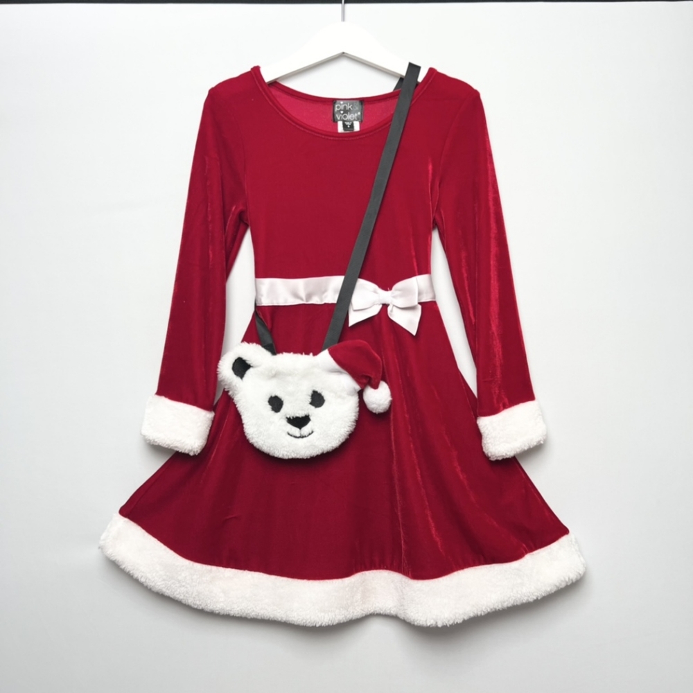 Pink & violet little girl Christmas Red dress with Teddy bear crossbody bag